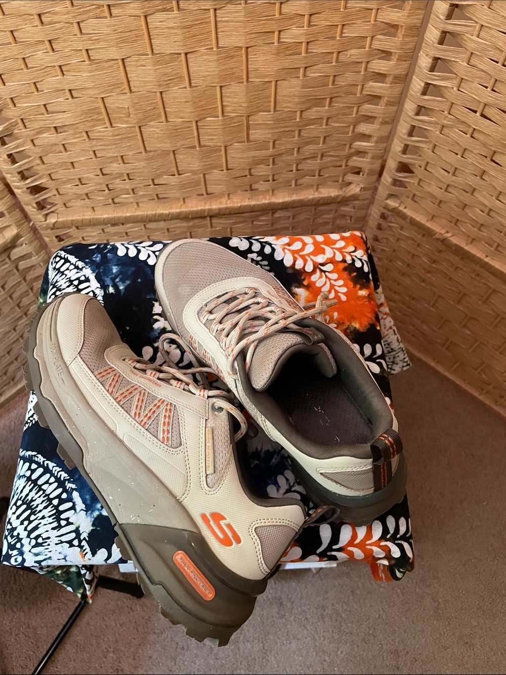 Skechers Women’s Max Protect Legacy Outdoor Trail Sneakers in Beige and Orange